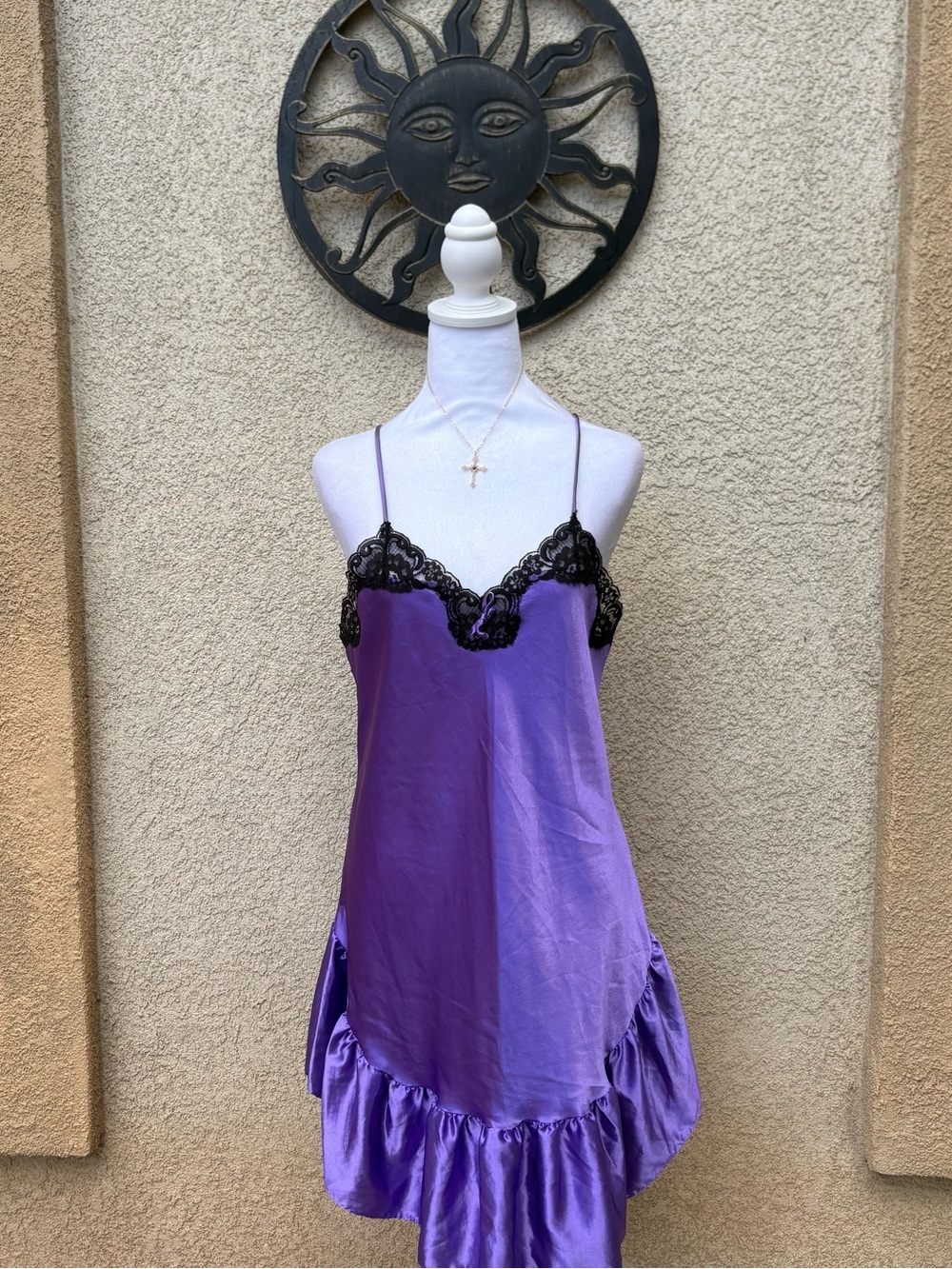 Delicates Purple Satin Lace Trim Babydoll Dress Y2K Slip Mini Coquette Fairycore